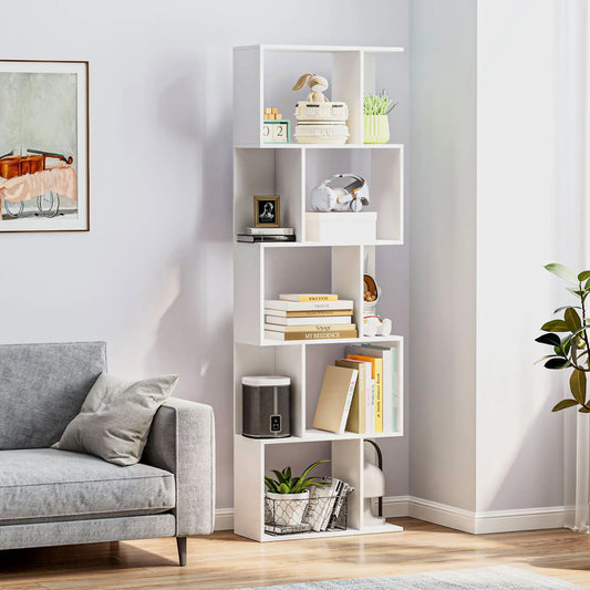 5-Tier Geometric Bookshelf, S Shaped Bookcase, White