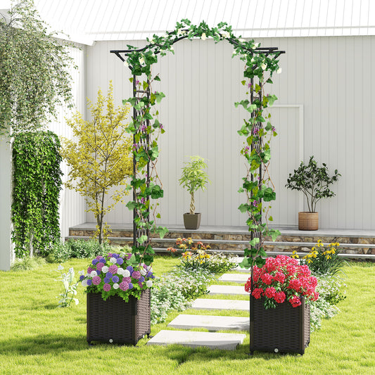 82 x 99 Inch Garden Arch Trellis with 2 Self-Watering Planter Boxes Wheels, Black Outdoor Decor Black at Gallery Canada