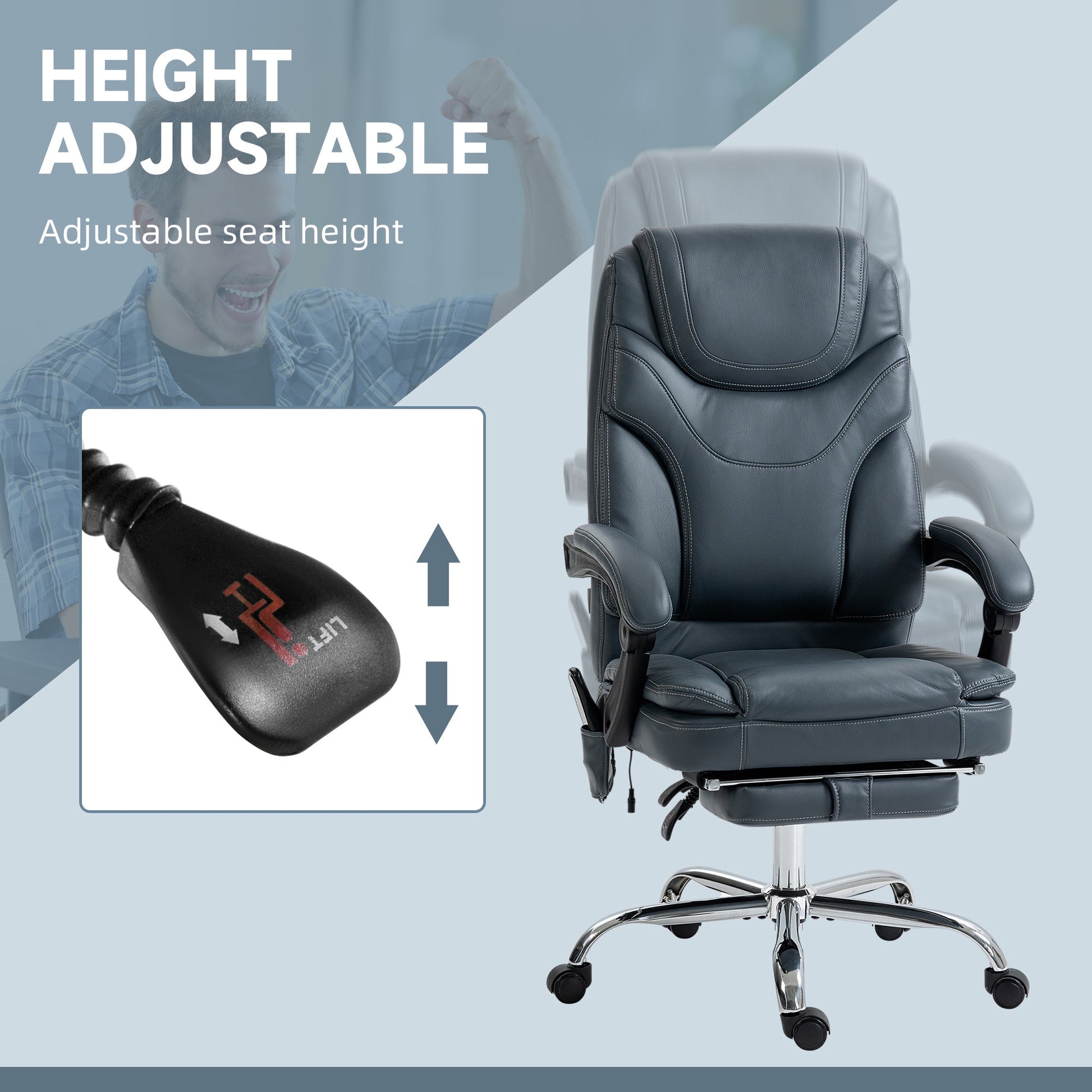 6 Point Vibration Massage Office Chair, PU Leather Heated Reclining Computer Chair with Footrest, Grey at Gallery Canada