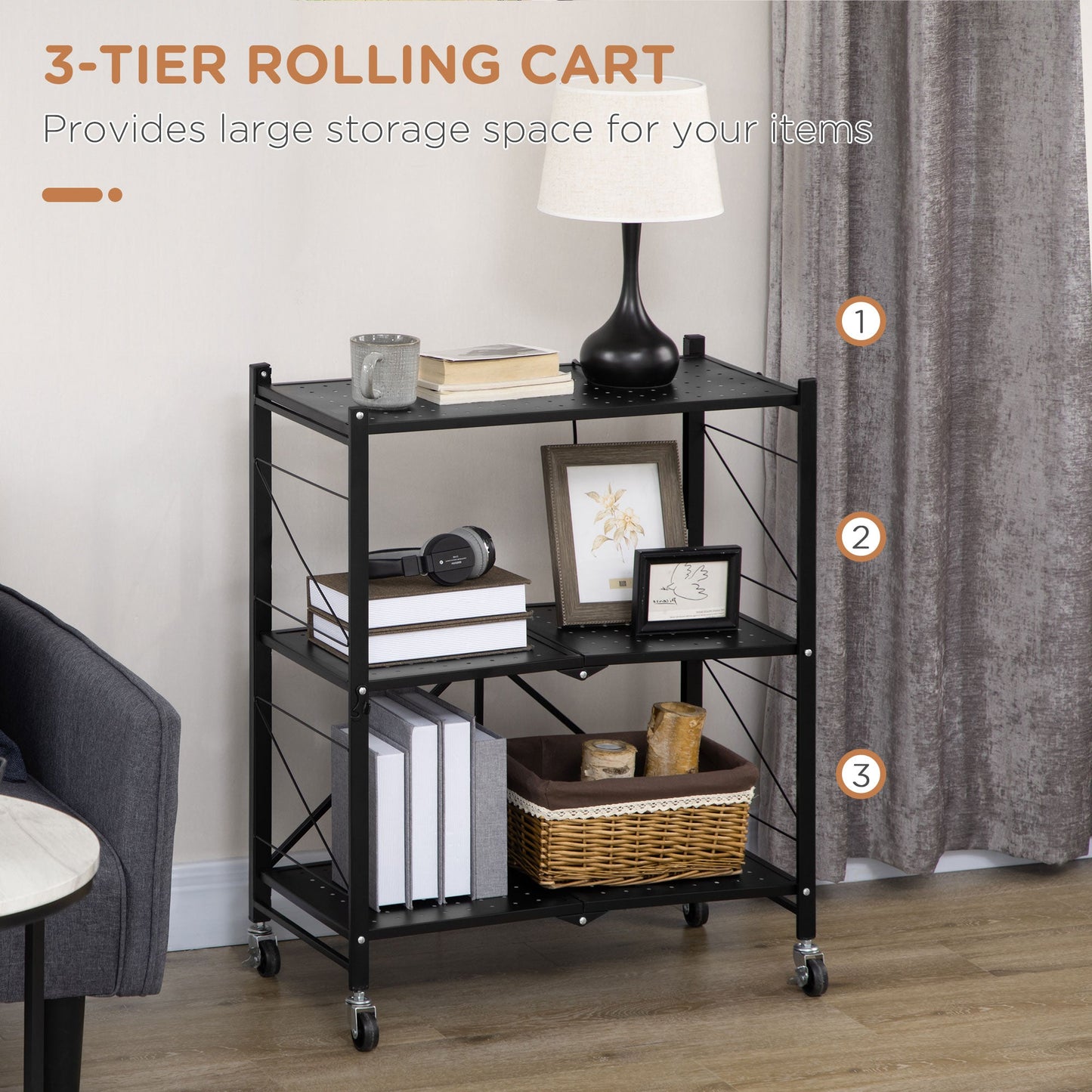 3 Tier Utility Cart, Kitchen Rolling Cart with Lockable Wheels, Multifunctional Storage Shelves for Living Room, Black at Gallery Canada