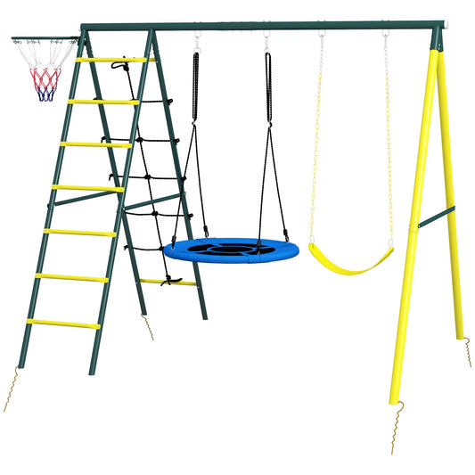 4 in 1 Swing Set for Kids with Saucer Swing, Seat, Climbing Ladder/Net, Basketball Hoop for 3-8 Years Old, Yellow at Gallery Canada