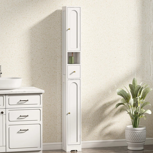 Tall Bathroom Cabinet, Modern Slim Storage, Arched Doors, White Freestanding Bathroom Cabinets White at Gallery Canada