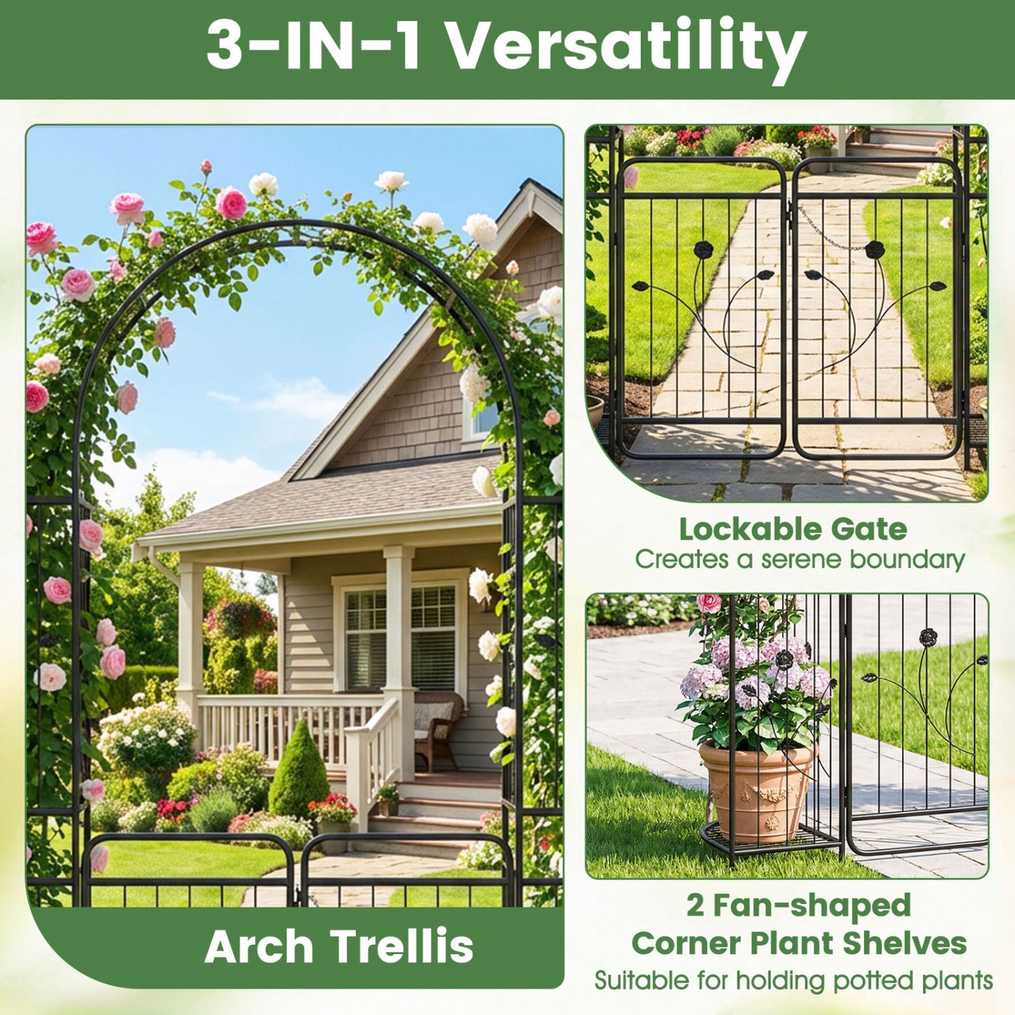 87in Tall Garden Arch with Gate, Planter Shelves, Climbing Trellises Plant Supports at Gallery Canada