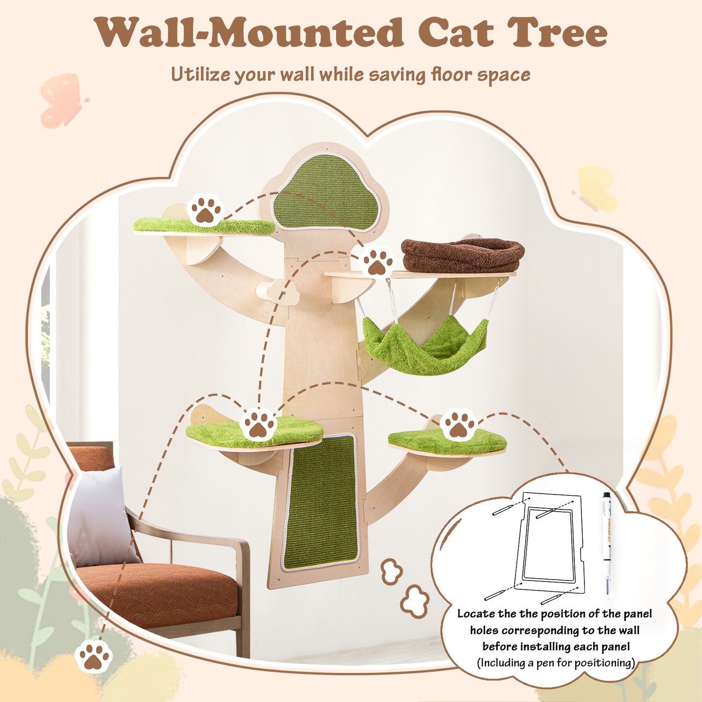 Wall Mounted Cat Tower Shelves With Bed, Green Cat Trees Condos & Scratchers at Gallery Canada