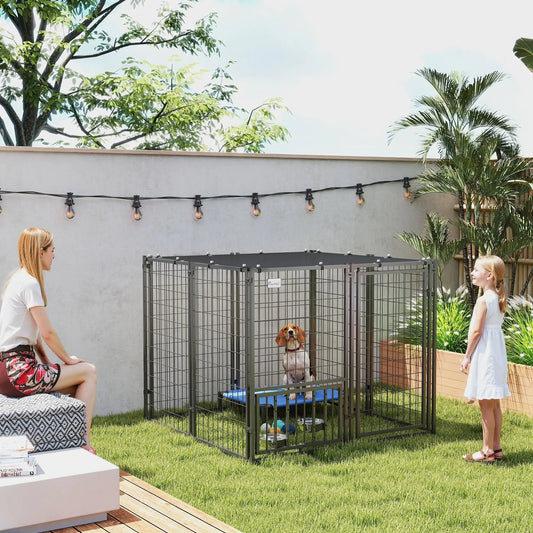 Outdoor Dog Run, Adjustable Rotatable Bowls, Sun-Shade Cover, 4.6' x 4.6' x 3.7' Houses, Kennels & Pens Black at Gallery Canada