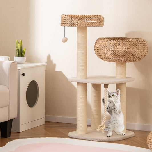 41 Inch Rattan Cat Tree with Napping Perch, White Cat Trees Condos & Scratchers White at Gallery Canada