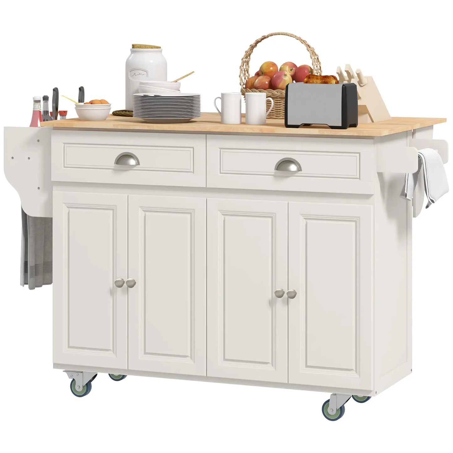 Kitchen Island with Storage, Drop Leaf, Rubber Wood Top, Cream White Kitchen Islands & Kitchen Carts at Gallery Canada