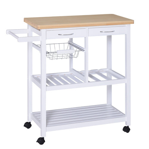 Wooden Rolling Kitchen Trolley Wood Top Island Storage Serving Cart Included Wine Rack with Drawers White