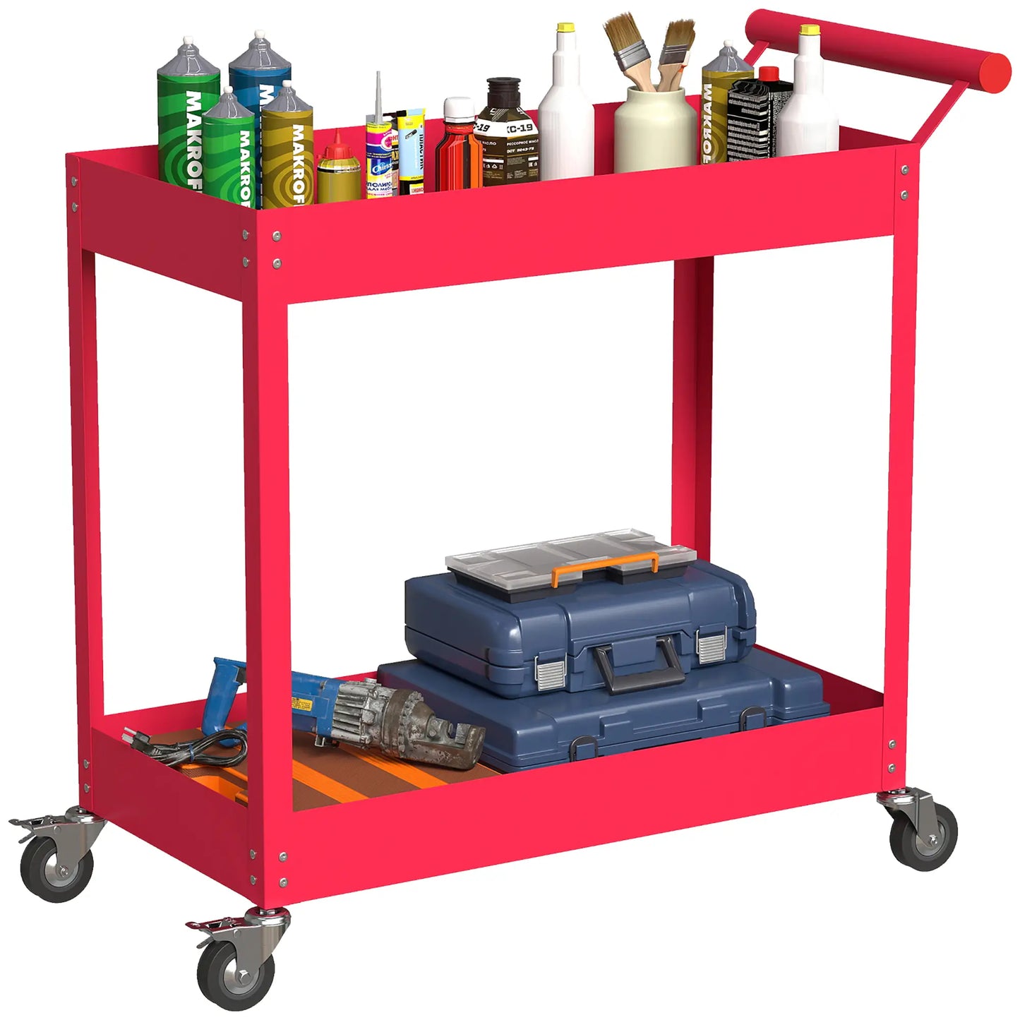 2 Tier Rolling Tool Cart With Wheels, Red