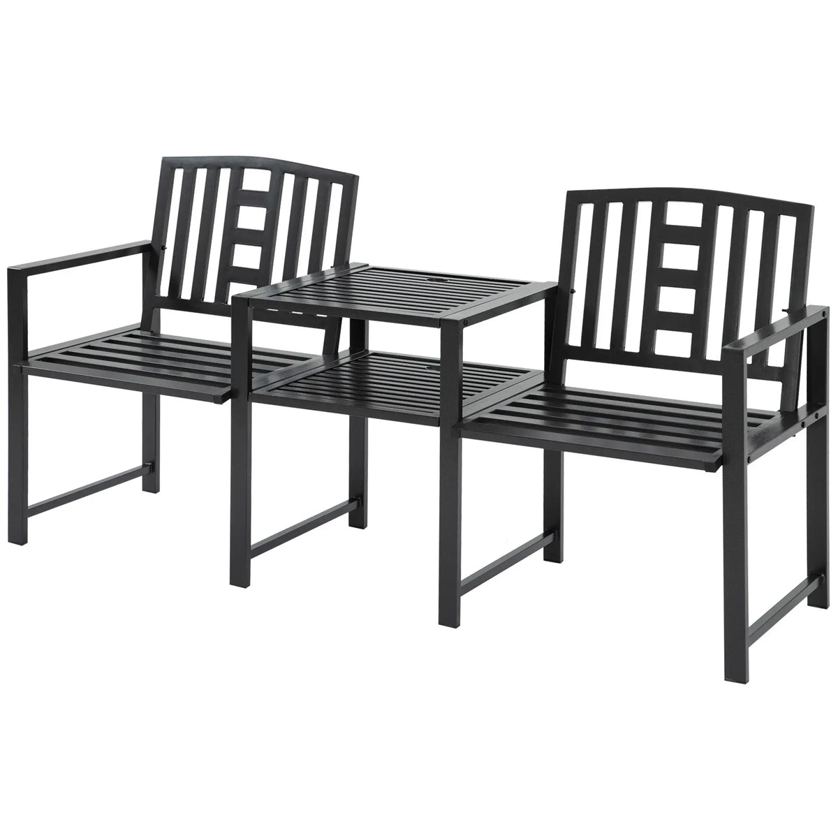 Steel Garden Bench With Table, Umbrella Hole, Black Outdoor Benches at Gallery Canada