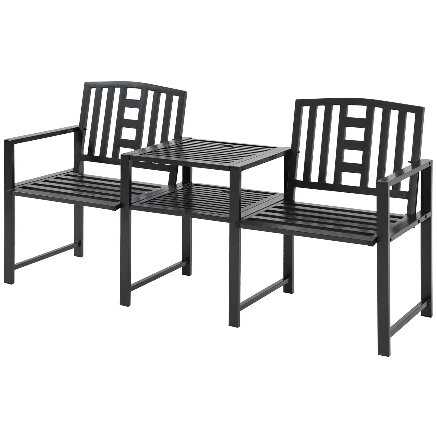 Steel Garden Bench With Middle Table, Umbrella Hole, Double Seat, Outdoor, Black Outdoor Benches at Gallery Canada