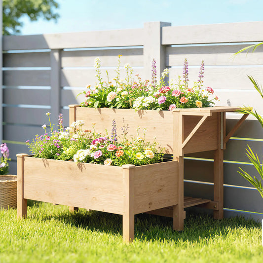 Wooden Raised Garden Bed, 2-Tier Planter With Storage Shelf Elevated Garden Beds Light Brown at Gallery Canada