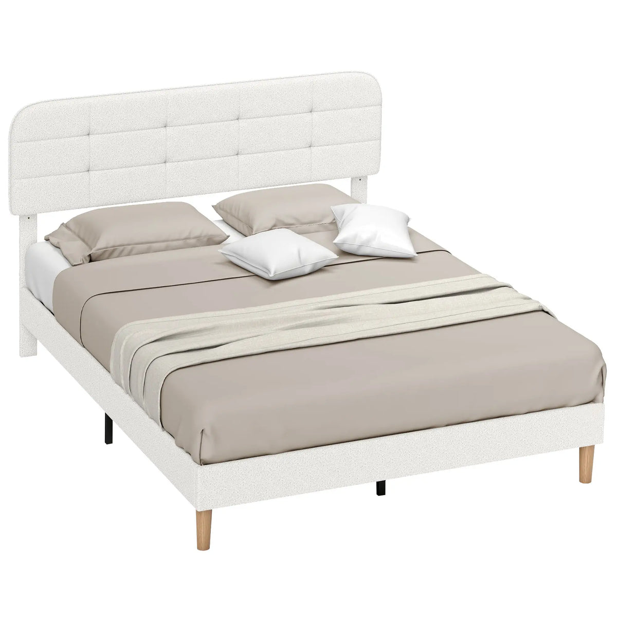 Queen Size Upholstered Platform Bed Frame, Adjustable Headboard, White