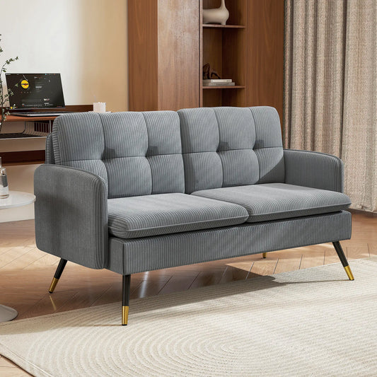 55" Loveseat Sofa, Corduroy, Steel Legs, Button Tufting, Dark Grey 2-Seater Sofas Dark Grey at Gallery Canada