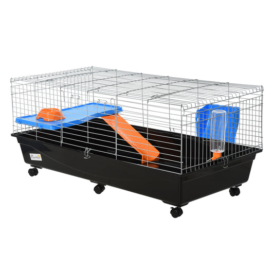47" Small Animal Cage, Rolling Guinea Pig Cage with Food Dish, Water Bottle, Hay Feeder, Platform, Ramp, Black