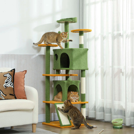 63" Cat Tree, Multi-Level Tower, Scratching Posts, Condos, Bed, Green