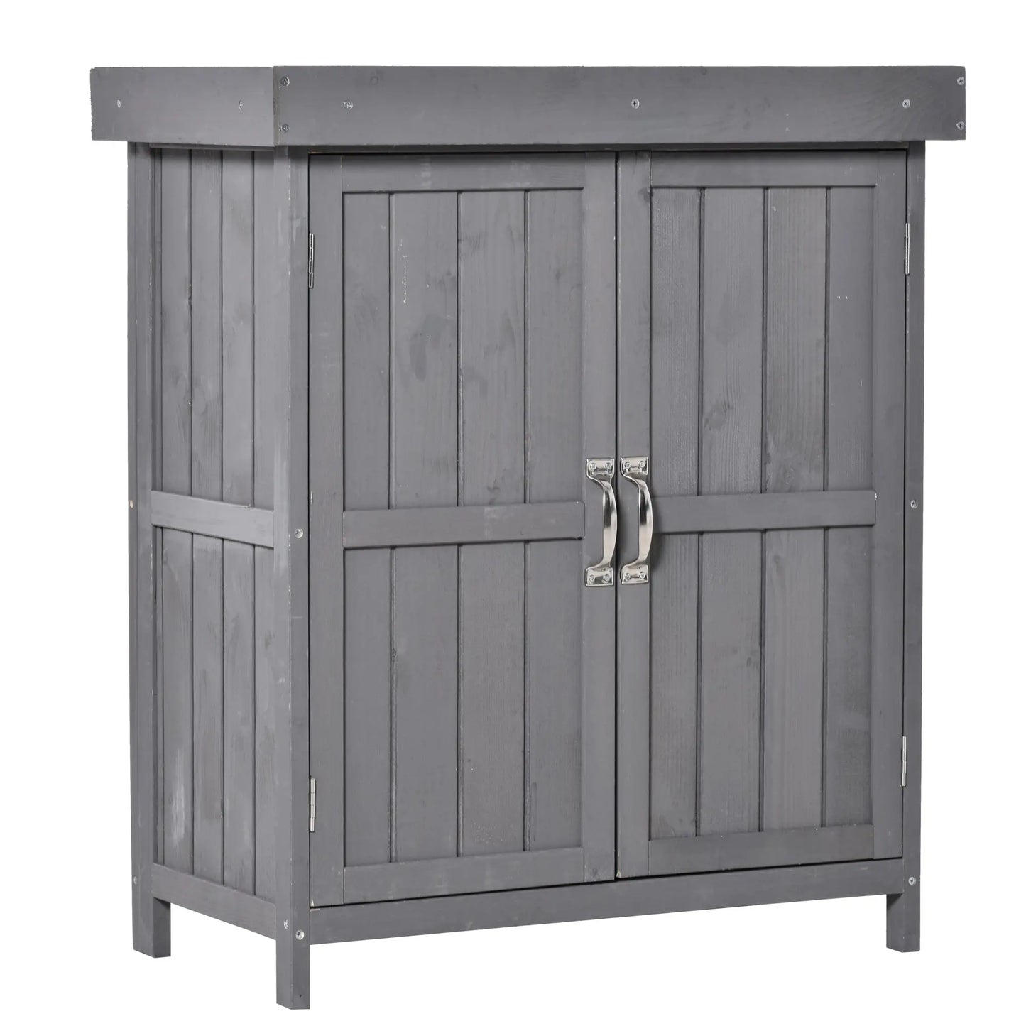 Wooden Garden Tool Shed, Hinged Roof, 2-Tier Shelves, Double Doors, 74x43x88cm, Dark Grey Sheds at Gallery Canada