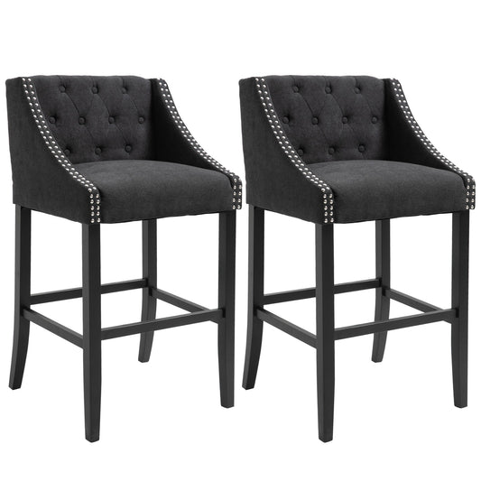 Set of 2 Height Bar Chairs Button Tufted Barstools for Kitchen w/ Nailhead Trim, Footrest, Upholstered Seat, Solid Wood Leg, Dark Grey at Gallery Canada