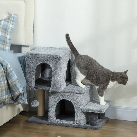 Escalier pour animaux à 4 marches, hauteur réglable, poteaux à gratter, balle suspendue, gris