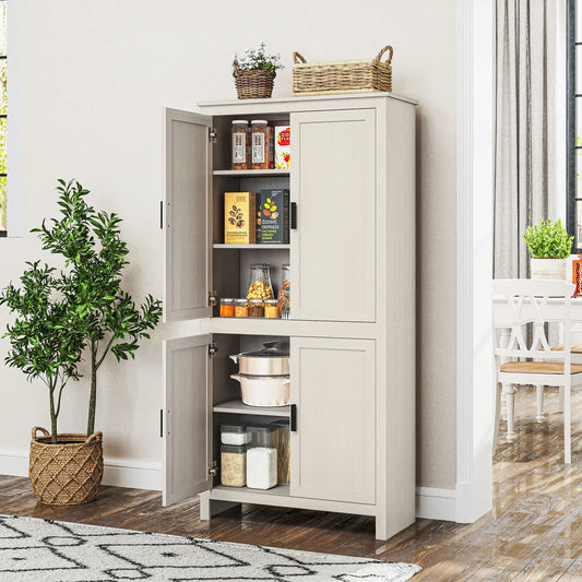 64" Kitchen Pantry Cabinet, 4 Doors, 3 Adjustable Shelves, Antique White, White Kitchen Pantry Cabinets Antique White at Gallery Canada