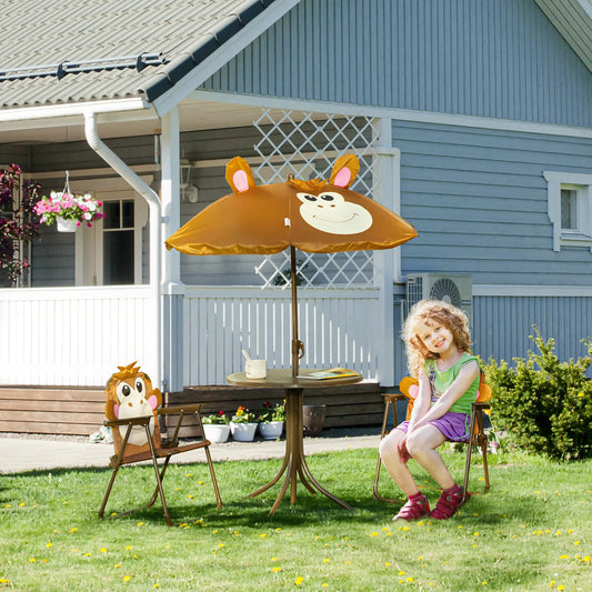 Kids Folding Picnic Table Chair Set with Adjustable Umbrella, Brown