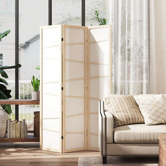 66.9" Folding Room Divider, 3 Panel Wood Frame Partition, Natural Wood Room Dividers Natural Wood, White at Gallery Canada