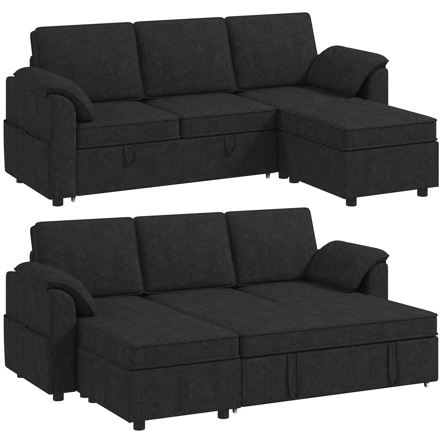 Reversible Sectional Sofa Bed With Storage Ottoman, Black