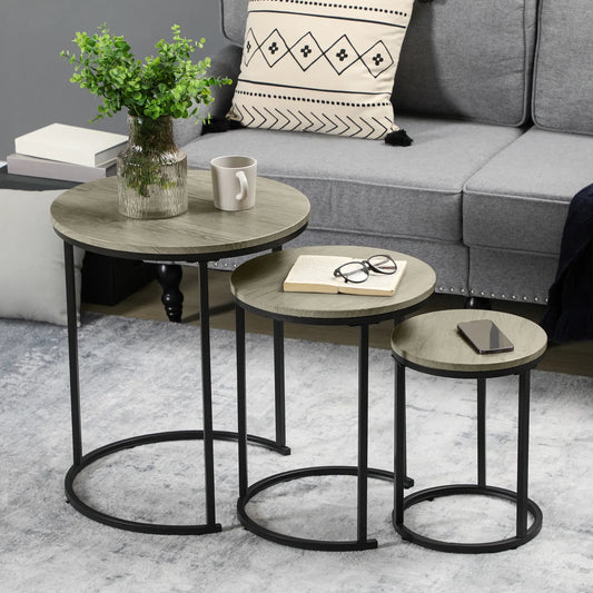 Round Nesting Tables Set of 3, Steel Frame, Living Room Side Tables Grey-green Wood Grain at Gallery Canada