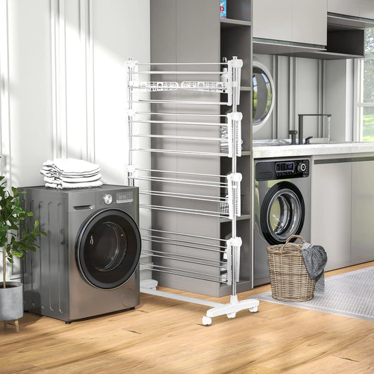 Stainless Steel Folding Clothes Drying Rack, Side Wings, Castors, Indoor Outdoor, White Bath Accessories Silver and White at Gallery Canada