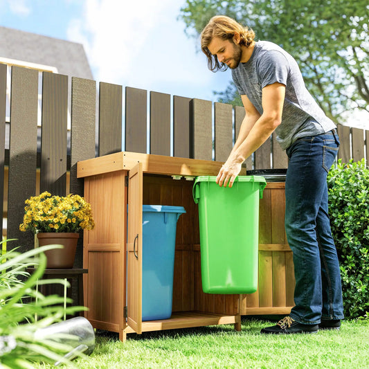 Wooden Garden Tool Shed, Hinged Roof, 2-Tier Shelves, Double Doors, 74x43x88cm, Natural Wood Sheds Natural at Gallery Canada