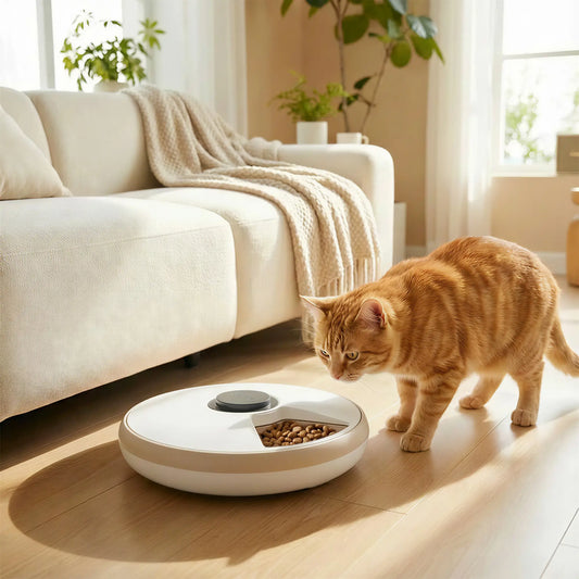 Automatic Cat Feeder, Dry Wet Food, 6 Trays, Battery Powered, Light Brown