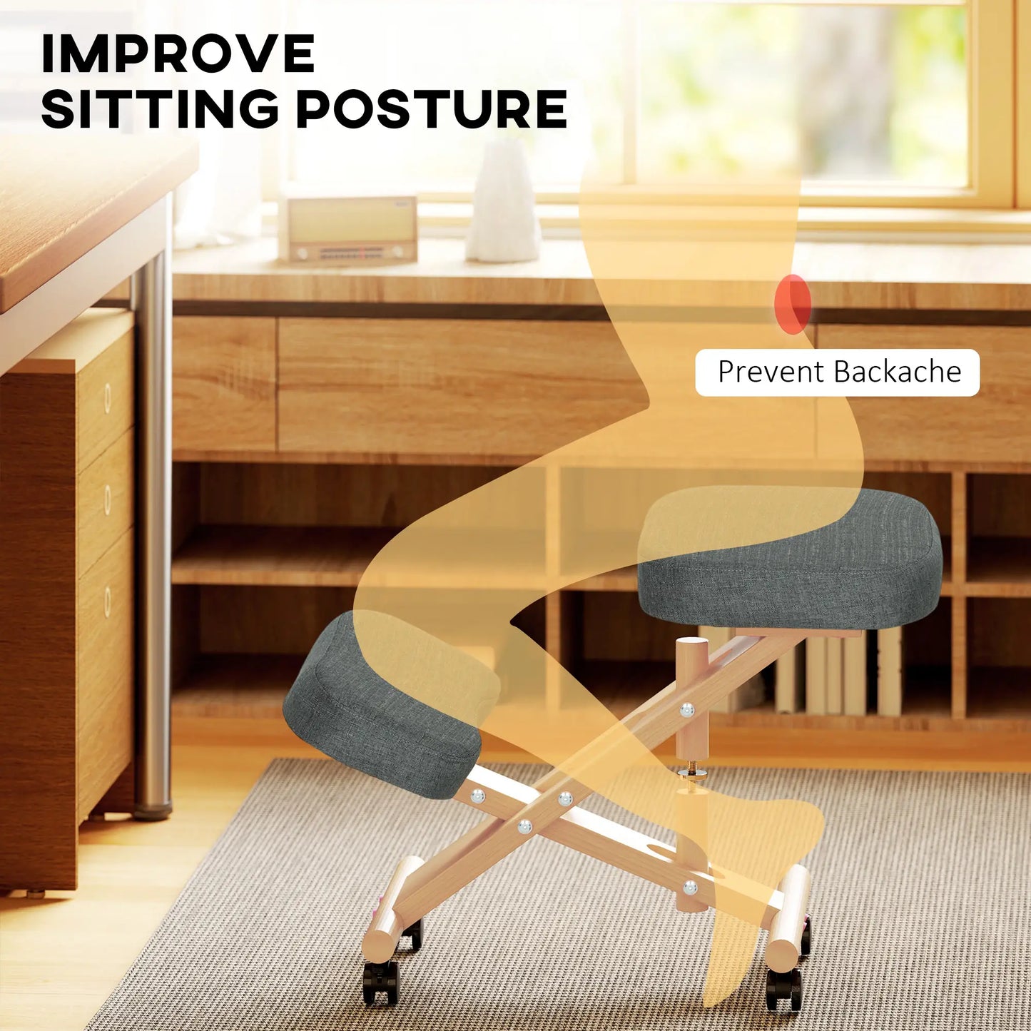 Ergonomic Kneeling Chair, Rubberwood Frame, Wheels, Dark Grey Office Chairs at Gallery Canada