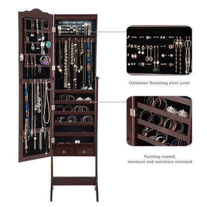 Mirrored Jewelry Cabinet Storage With Drawer And Led Lights , Coffee