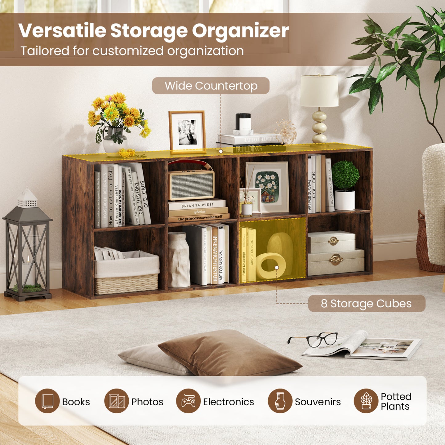8-Cube Bookcase Bookshelf, Storage Organizer, Rustic Brown