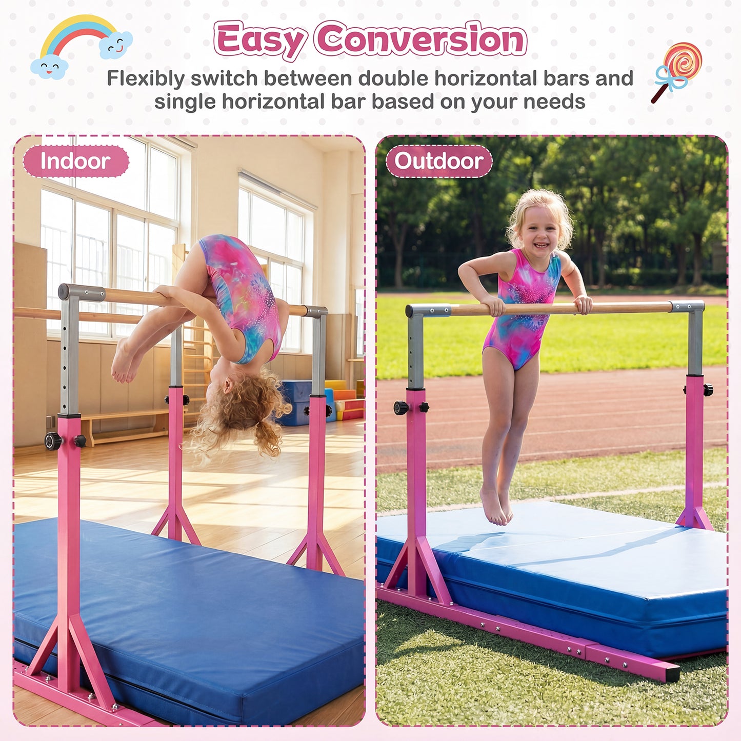 8 FT Double Horizontal Bars with 13-Level Adjustable Heights and 6-Level Adjustable Width, Pink Yoga Accessories at Gallery Canada
