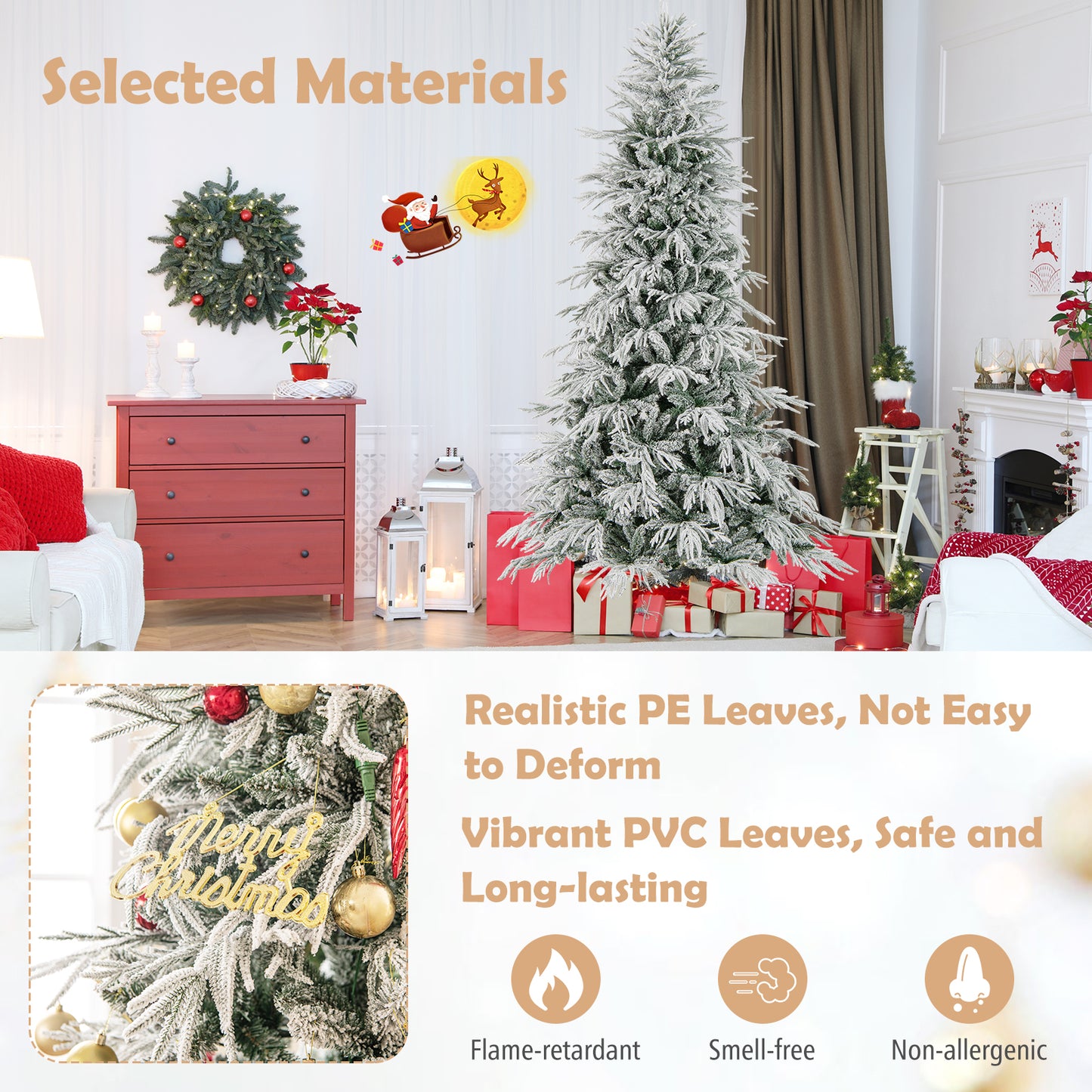 8 Feet Snow-flocked Artificial Christmas Tree Pre-lit Hinged Xmas Tree with Warm White LED Lights, White Christmas Tree at Gallery Canada