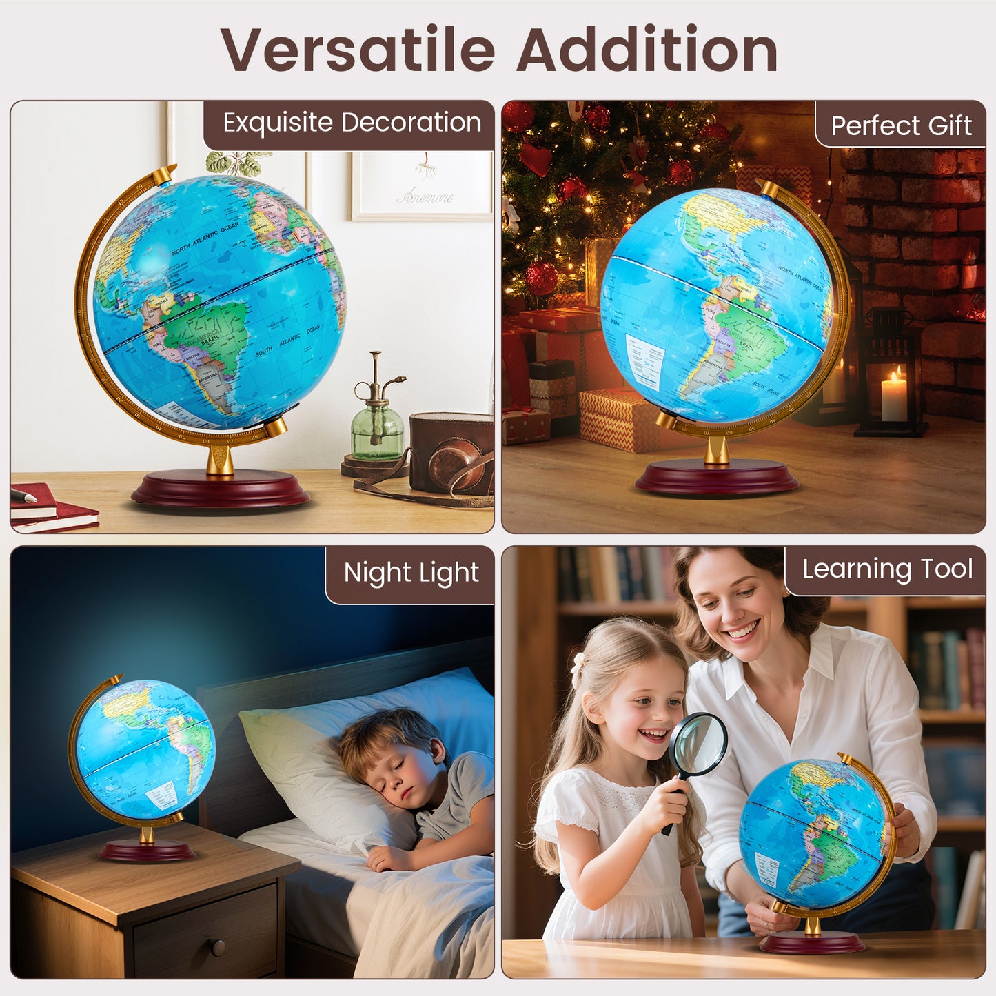 8 Inch Illuminated World Globe Night Light, Wooden Stand, HD Map, Blue Learning Toys at Gallery Canada