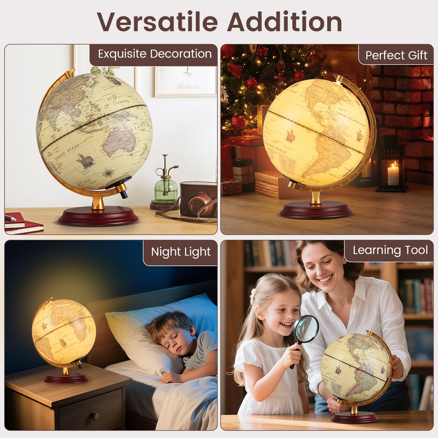8 Inch Illuminated World Globe Night Light, Wooden Stand, HD Map, Bronze Learning Toys at Gallery Canada
