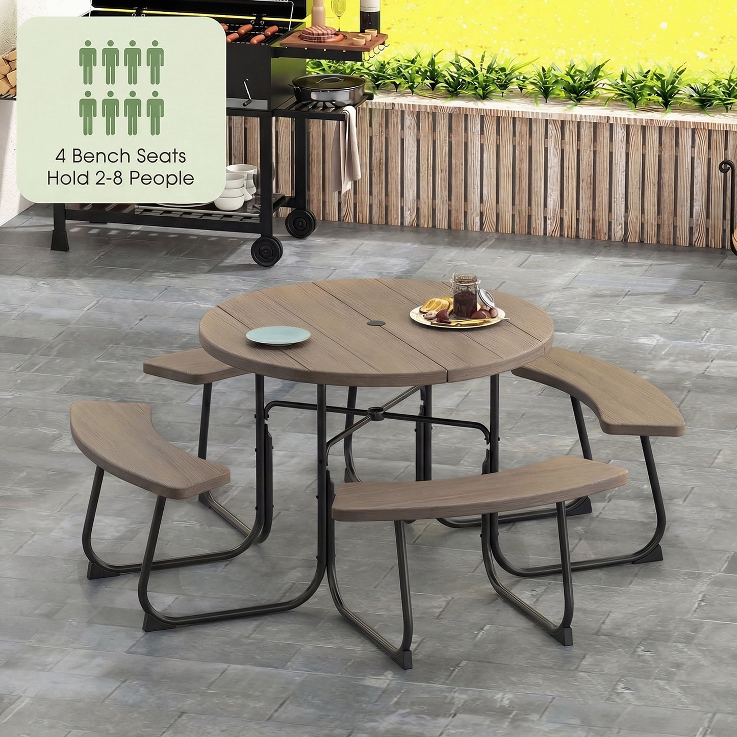 8-Person Picnic Table And Bench Set, With Umbrella Hole, Rustic Brown Picnic Tables at Gallery Canada