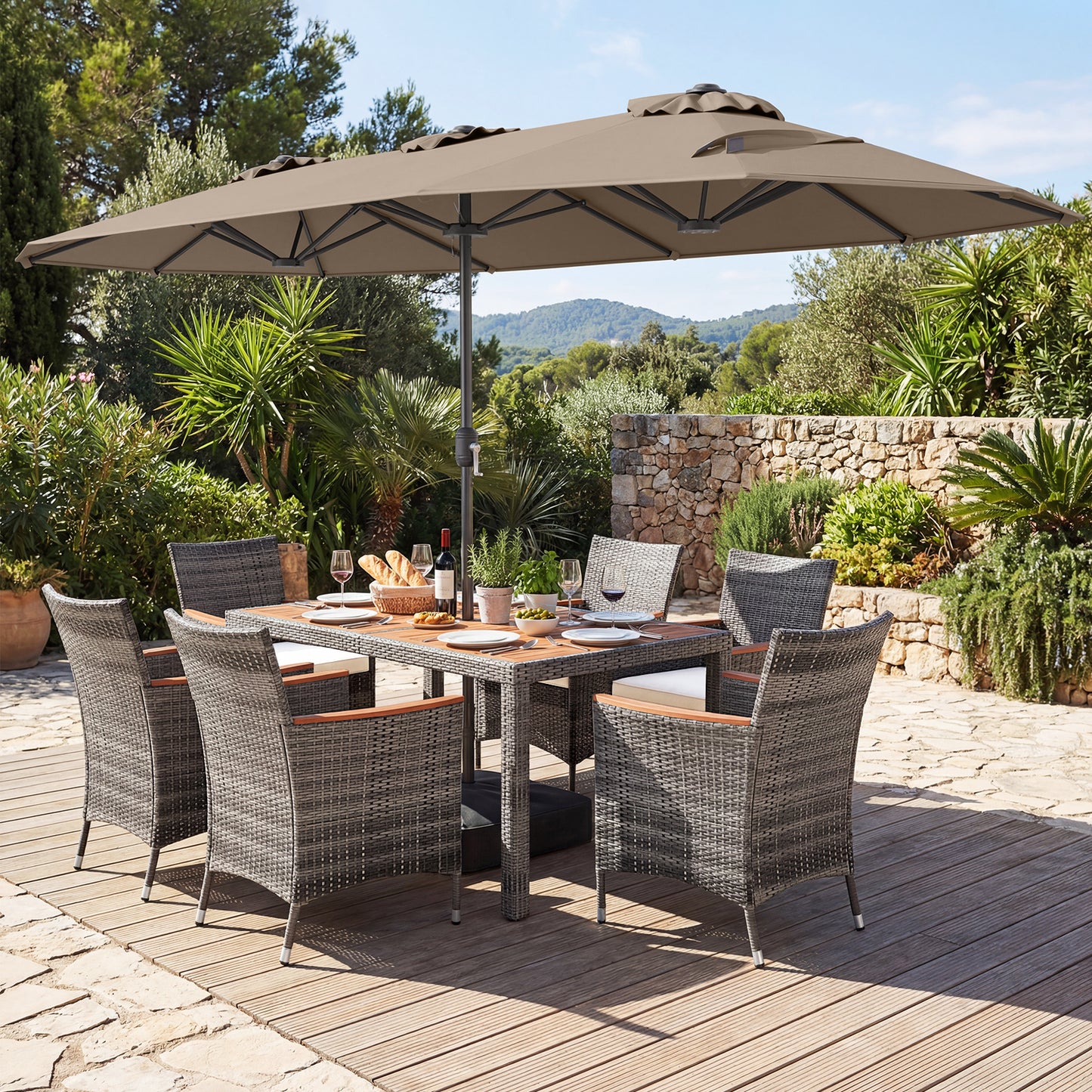 8-Piece Patio Dining Set, With Double-Sided Market Umbrella, Brown