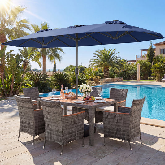 8-Piece Patio Dining Set, With Double-Sided Market Umbrella, Navy Patio Dining Sets Navy at Gallery Canada