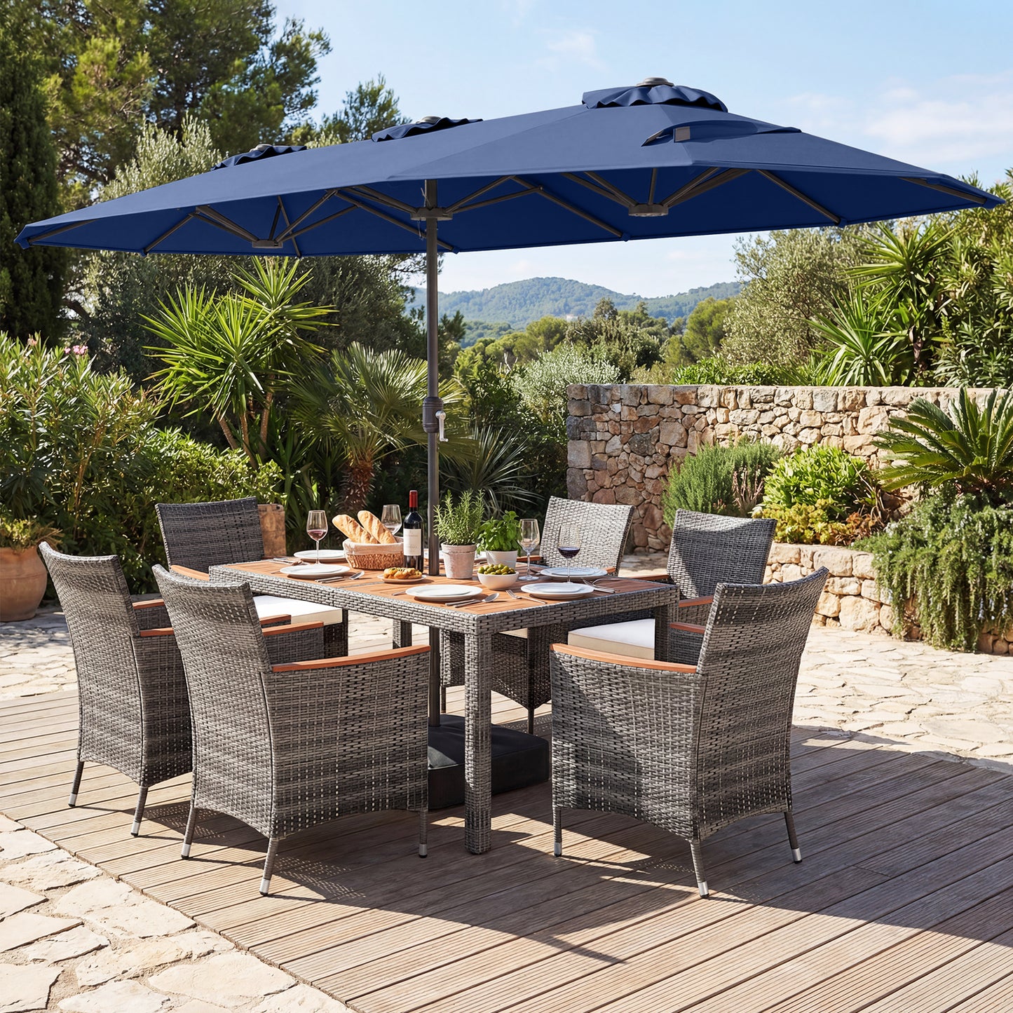 8-Piece Patio Dining Set, With Double-Sided Market Umbrella, Navy Patio Dining Sets at Gallery Canada