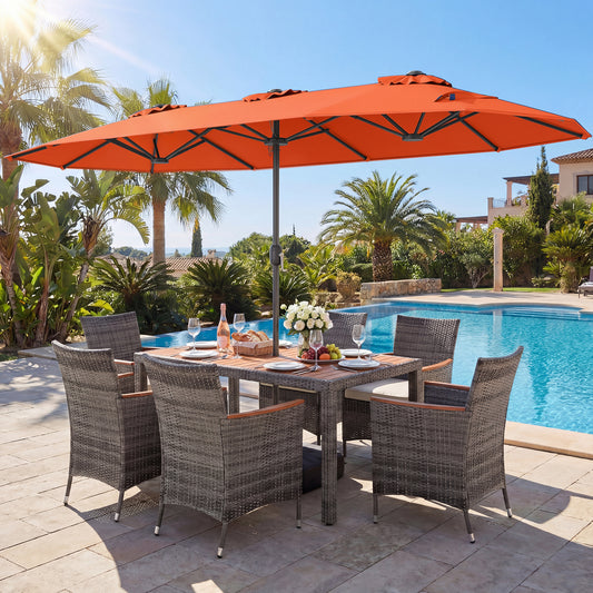 8-Piece Patio Dining Set, With Double-Sided Market Umbrella, Orange Patio Dining Sets Orange at Gallery Canada