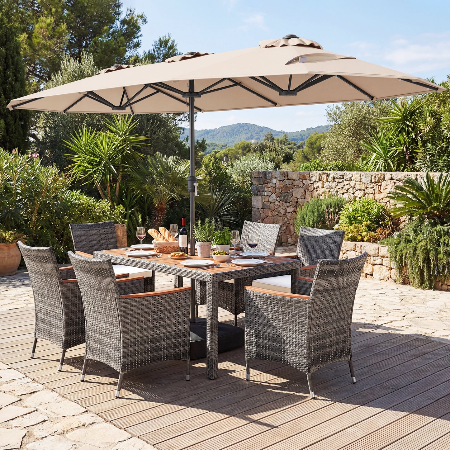 Outdoor Wicker Dining Set, 8 Piece, 13.5 FT Patio Umbrella, Beige Patio Furniture Sets at Gallery Canada