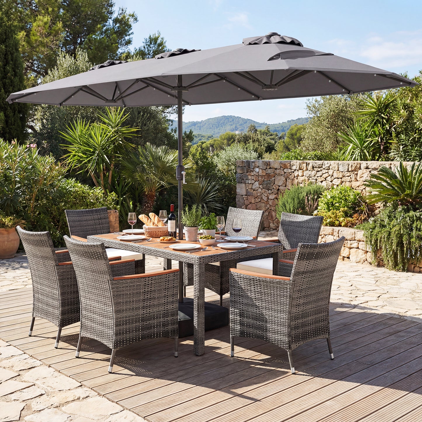8 Piece Outdoor Wicker Dining Set, 13.5 FT Double-Sided Patio Umbrella, Gray Patio Furniture Sets at Gallery Canada