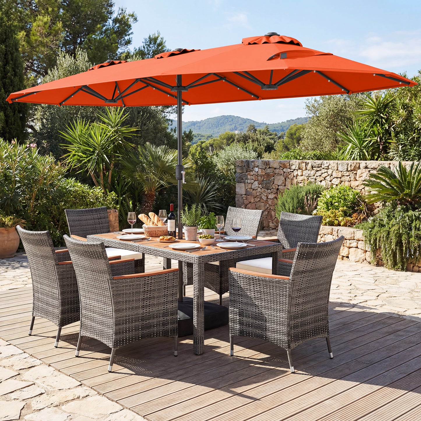 8 Piece Outdoor Wicker Dining Set, 13.5 FT Double-Sided Patio Umbrella, Orange Patio Furniture Sets at Gallery Canada