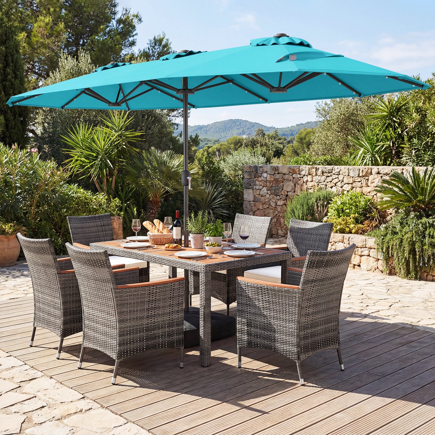 8 Piece Wicker Dining Set, 13.5 FT Patio Umbrella, Turquoise Patio Furniture Sets at Gallery Canada