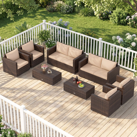 8 Piece Patio Rattan Conversation Set, Padded Cushions, Brown Patio Conversation Sets Brown at Gallery Canada