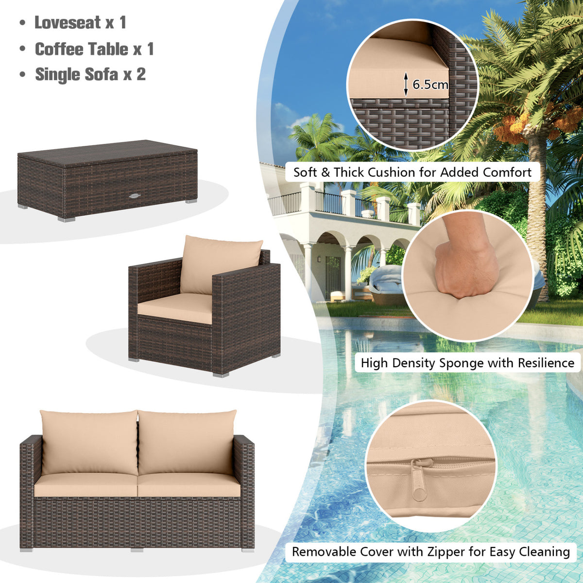 8 Piece Patio Rattan Conversation Set, Padded Cushions, Brown