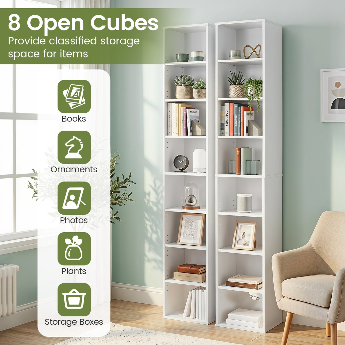 8-Tier Narrow Bookshelf, 4 Adjustable Shelves, Storage Cubes, White